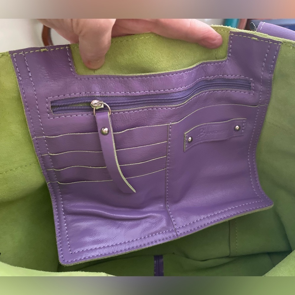 B Makowsky Purple Patten Leather Burbank Tote Bag with Green Accents NWT - Picture 9 of 10